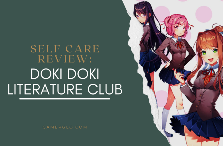 header image with doki doki literature club title image and the words "self care review: doki doki literature club"