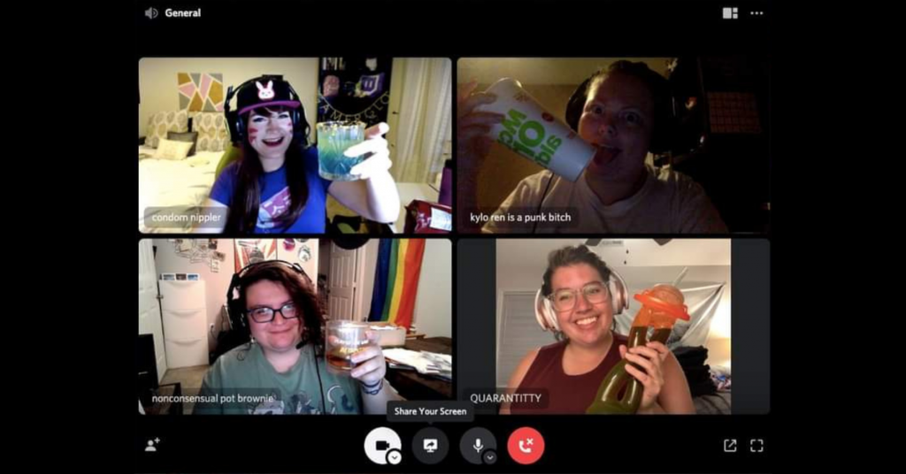 a screenshot from a video call in discord. There are 4 friends in their individual video frames toasting drinks toward the camera. 