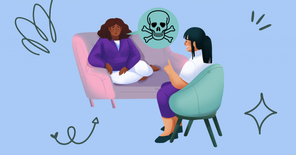 an illustration showing a therapist speaking with a client. the client is on a pink sofa and has a speech bubble containing a skull and crossbones to illustrate toxic mental health